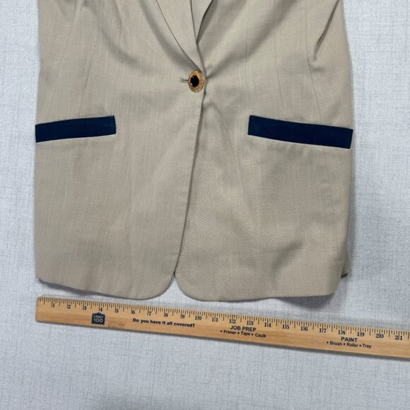 Vintage Oleg Cassini Skirt Suit Set Beige Navy Trim Pencil Straight Size 16 - Picture 11 of 16